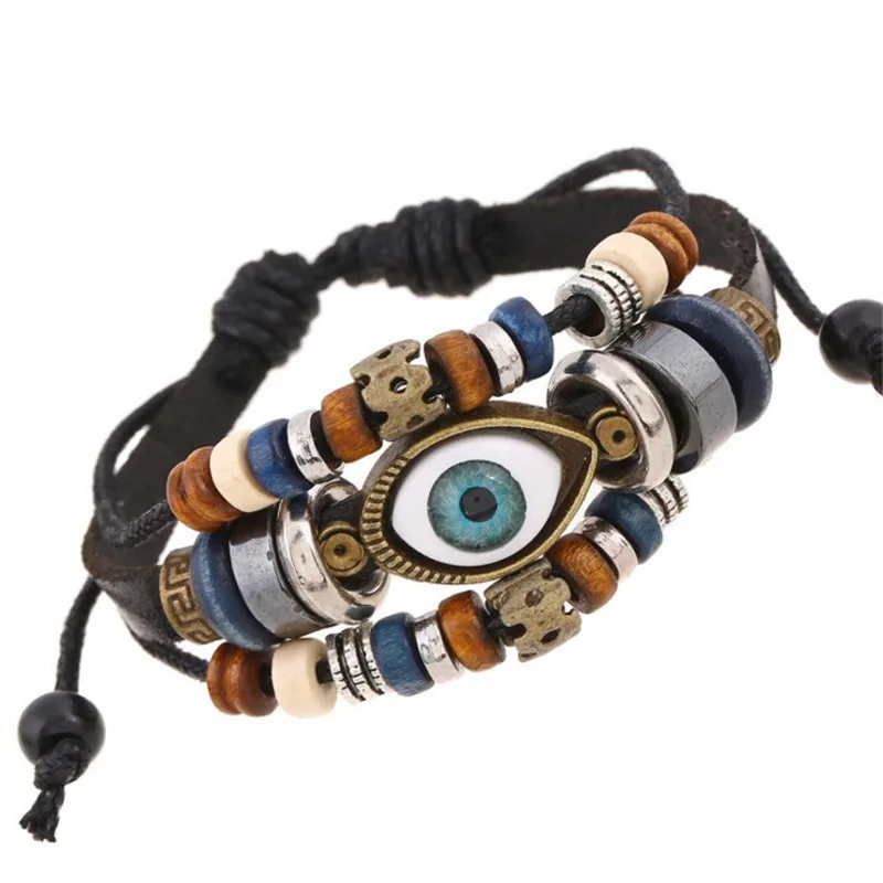 Wooden Beads Adjustable Leather Bracelets Wholesale Blue Eye Multi Layer Leather Bracelet