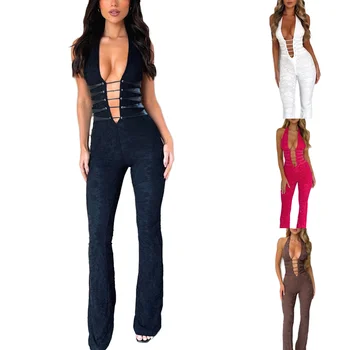 Women's new European and American sexy lace trousers deep V lace-up halterneck jumpsuit clothing for wome