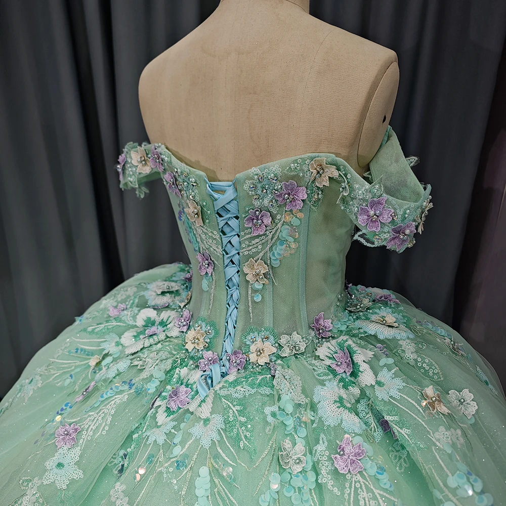 green emerald velvet dress Mint Green Floral Lace Handmade Flowers Quinceanera Dresses lace-up co   formalgowns
