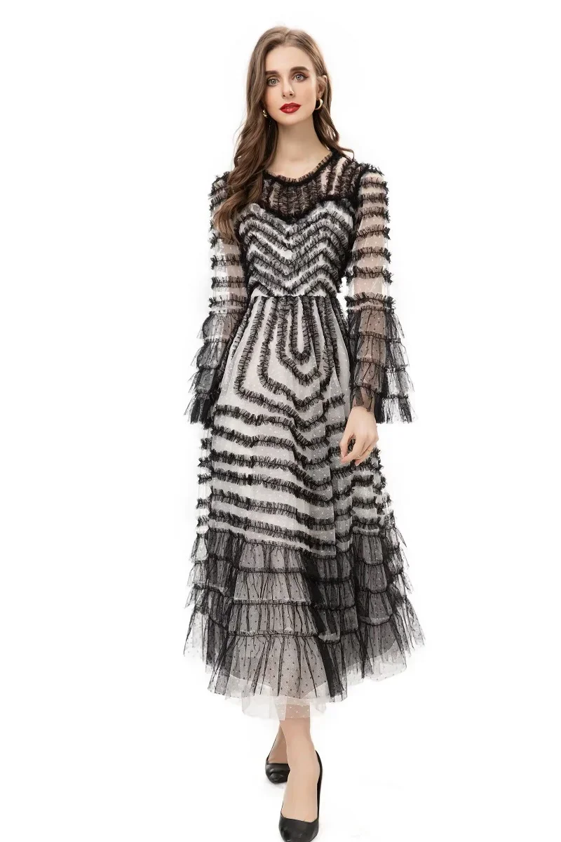 Elegant Ladies Dress Fashionable Trumpet Sleeves Polka Dot Decoration Cascading Ruffle Hem Sexy Fishtail Ladies Evening Dress main image 0