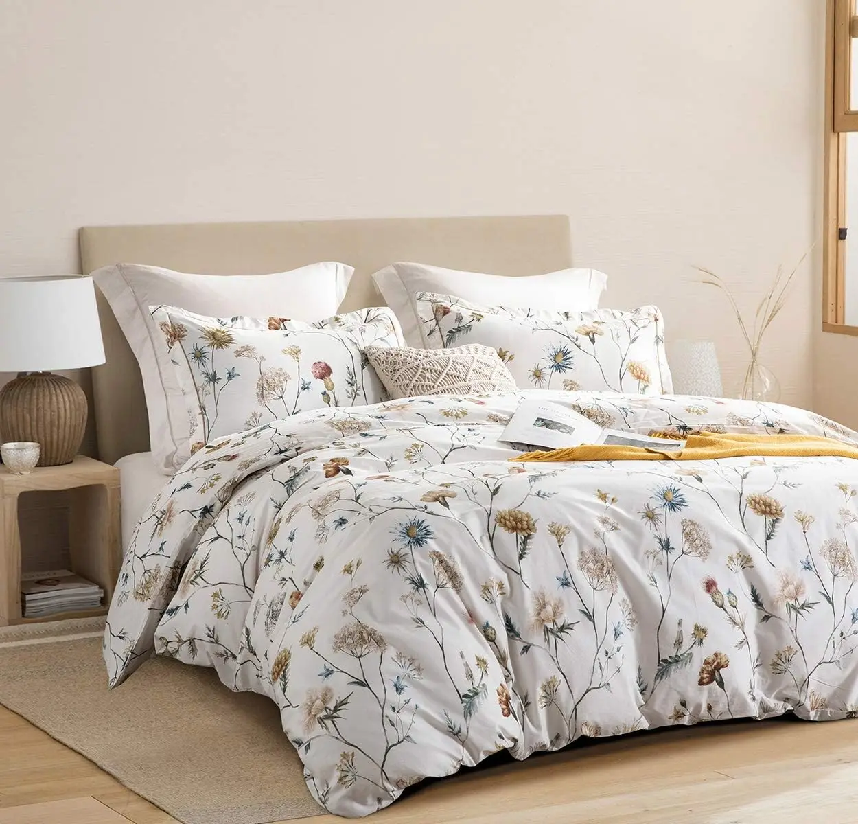 Custom Comforter Sets Cotton White Printed with Blue & Blush Flowers Cotton Comforter Set,Down Alternative Bedding Set 3PCS