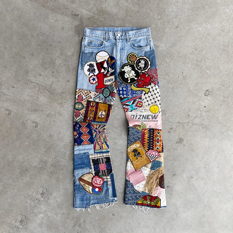 DiZNEW Denim clothing manufacturer high quality wholesale custom patchwork jeans printed multi-color pants new fashion trend