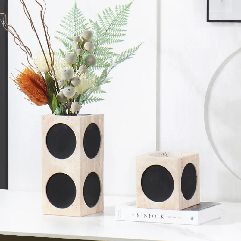 Simple Modern Creative Yellow Travertine Square Dot Vase Arrangement Art Home Marble Flower Ornament Hotel Party Decoration