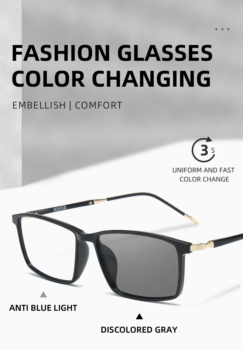 Fashion Rectangle Anti Blue Light Blocking Glasses Photo Grey Photochromic Optical Glasses Eyeglasses Frames