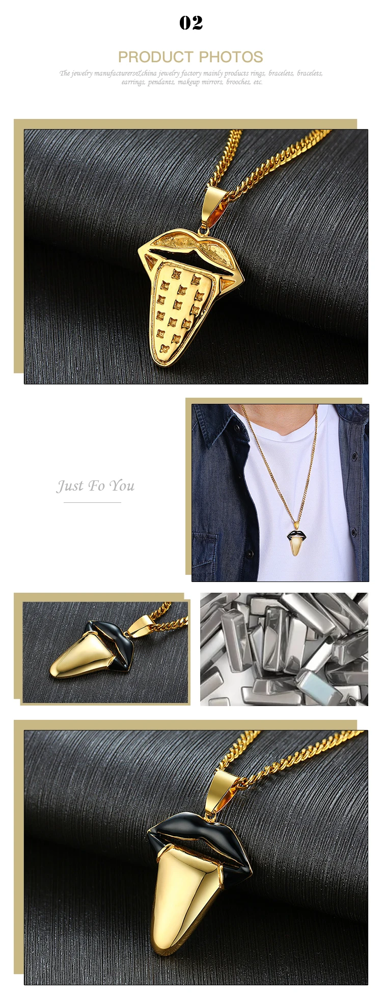 Hip Hop Street Style Stainless Steel Tongue Shape Gold Pendant Necklace PN-1237