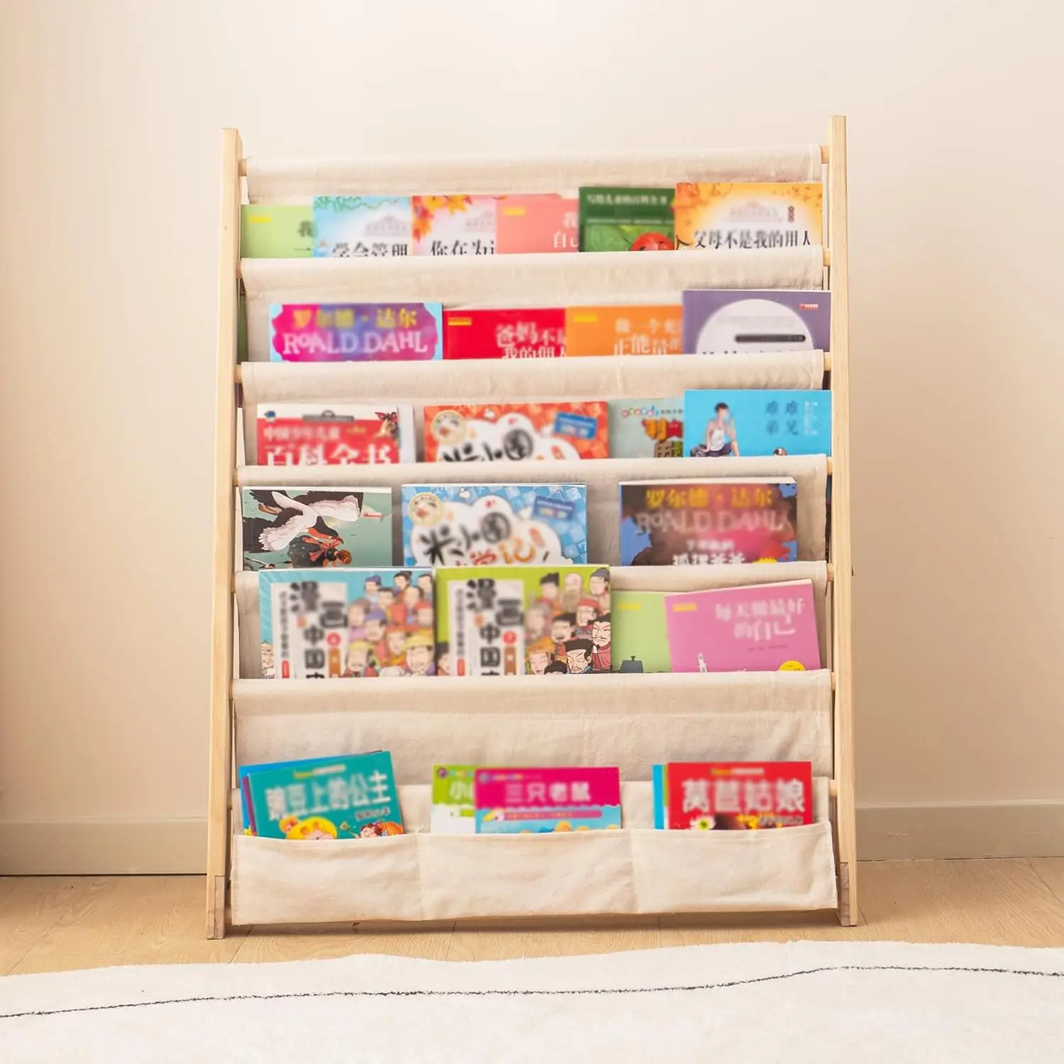 202407 Wood Book Rack Canvas Book Storage Shelf Display Bookshelf 6 Tier Kids Book Rack for Bedroom