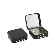 Custom Empty Small Child Resistant Rectangular Tin Box for Sweets Pill Candy Mint Packaging Black Plastic Button Cr Metal Box