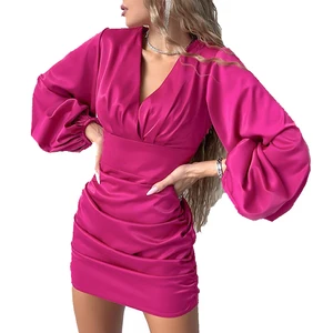 Custom V-neck Plain Color Puff Long Sleeve Clothes Women Summer Elegant Casual Stain Dresses