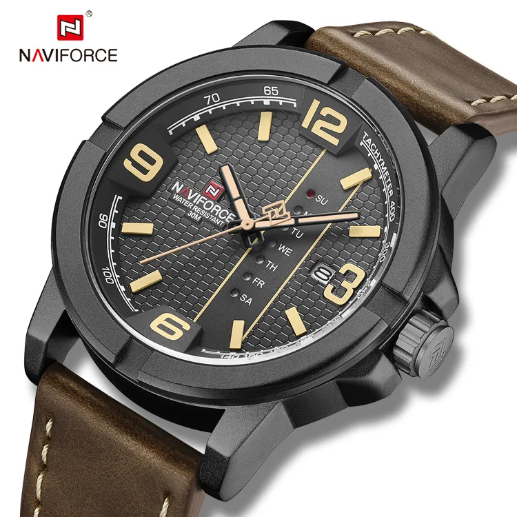 NAVIFORCE 9177 New Classic Solid Surface Men Watch Gentleman Leather Strap Quartz Watches Chronograph for Men Gift Relojes