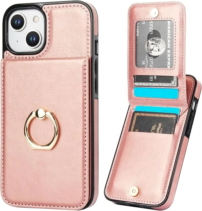 Laudtec Wallet Phone Case for iPhone 15 pro max Credit Card Holder Rotation Ring PU Leather Magnetic Clasp Kickstand Case