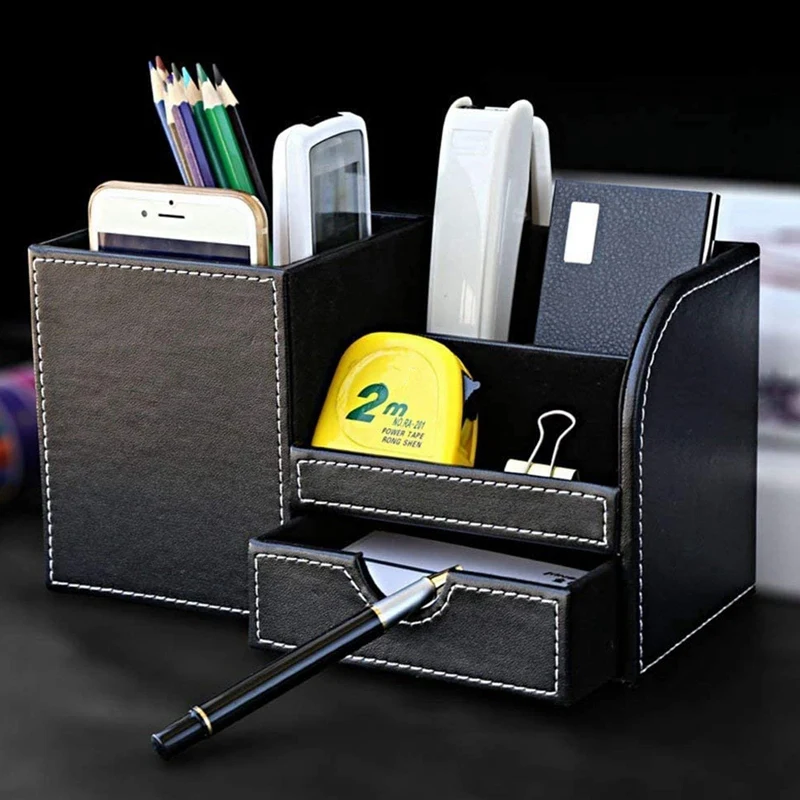 Кожаный многофункциональный настольный органайзер для канцелярских принадлежностей, коробка для хранения, ручка с дистанционным управлением, держатель с маленьким ящиком, черный