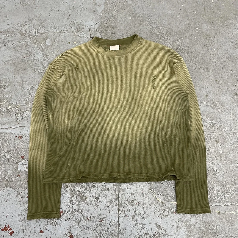 Custom Streetwear Thermal T-shirts Waffle Knit Long Sleeve Acid Washed Retro Clothing Manufacturer