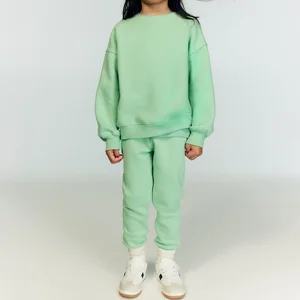 High Quality Custom Fleece Ribbed Crewneck Jumper Sweat Pants Set Kids Girls Tracksuit Set