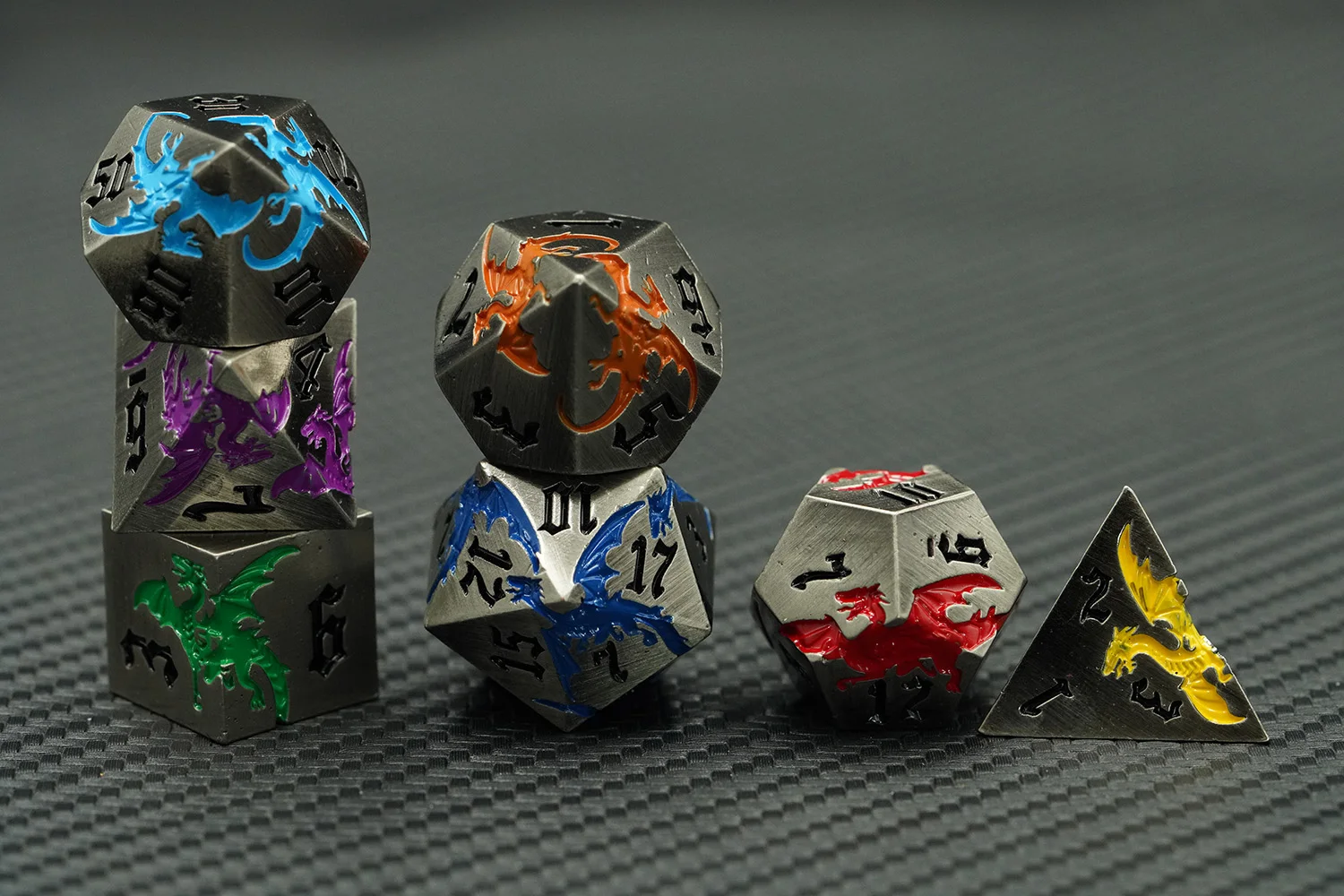 Colorful Rainbow Dragon 7pcs Zinc Alloy Polyhedral Metal Dice Set 16mm Square Shape with Custom Logo for DND Board Games details