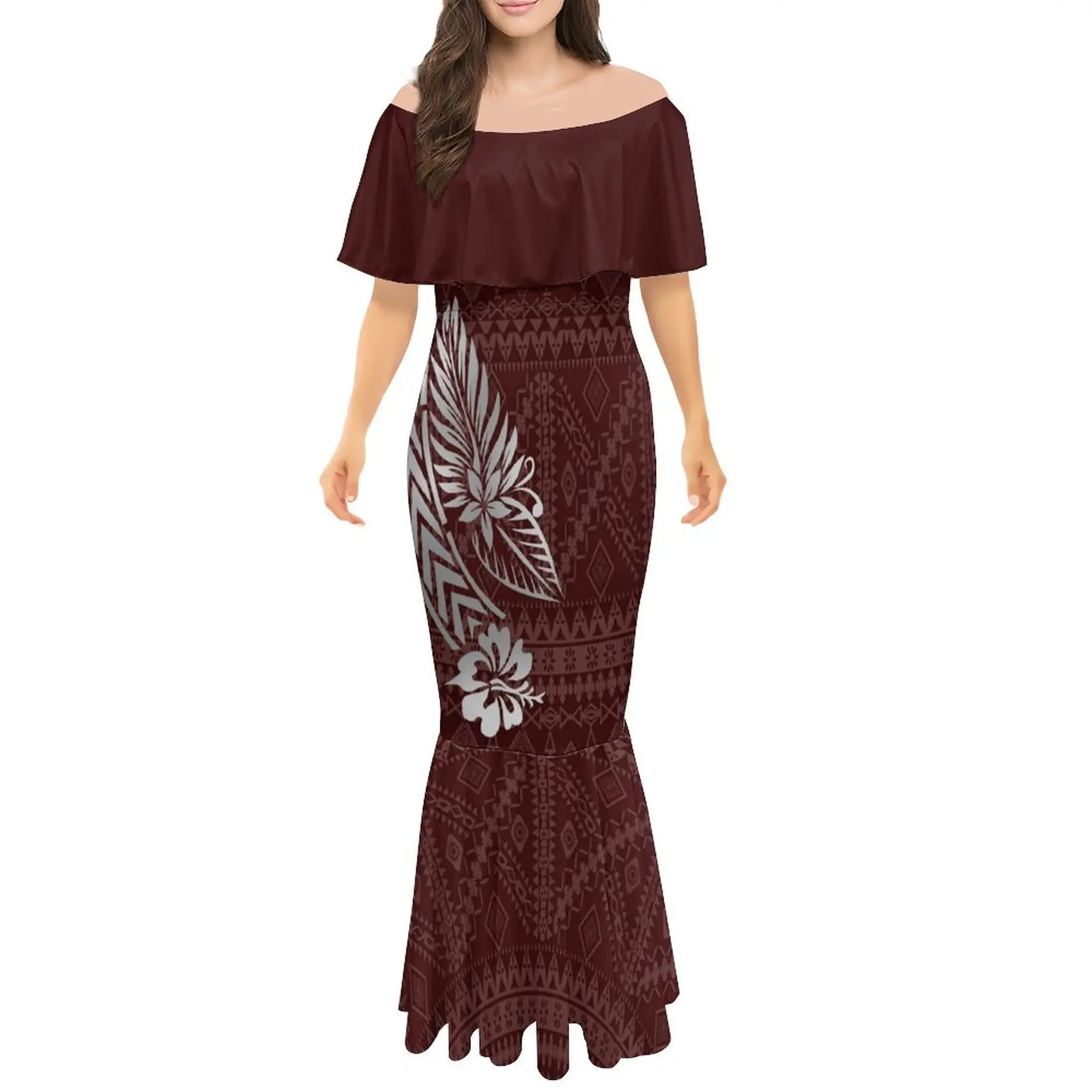 New Hawaii Island Polynesian Tribal Print Design Custom Ruffle Fishtail  Dress Women Off Shoulder Bodycon Mermaid Evening Dresses