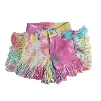 baby girl summer Colorful fringed tie-dye denim shorts fashion new design rts no moq kid clothes boutique high quality wholesale