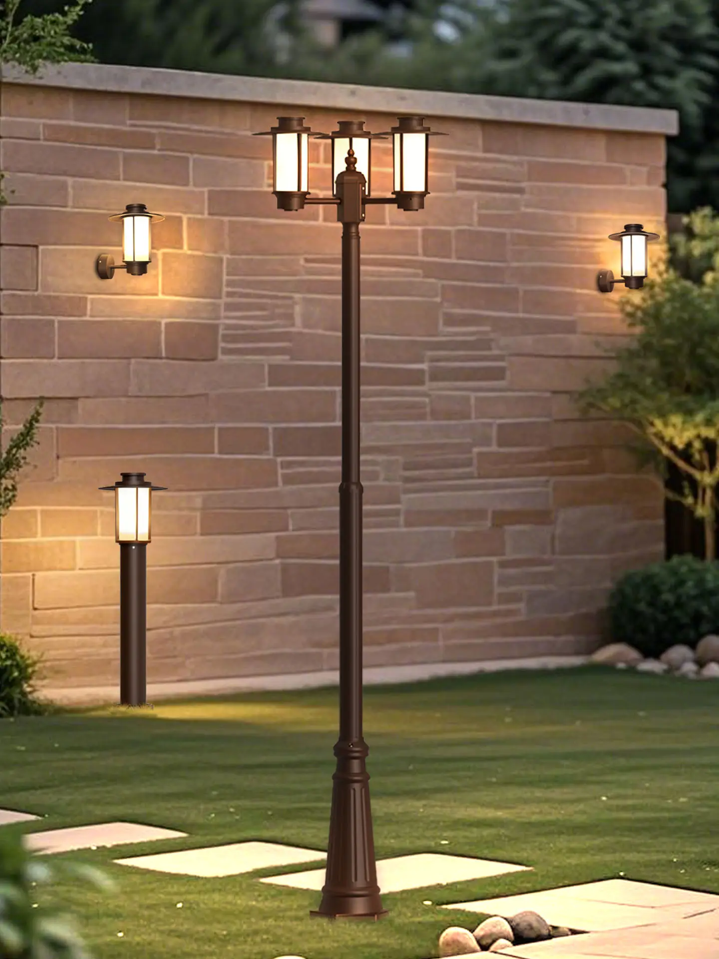 Nordic Courtyard Outdoor High Pole Landscape Community Street LED Garden Villa Three-Head Lawn Lamp IP Rated