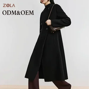 Wholesale Women's Handmade Woolen Long Coat in Black Double Breasted with Button Decoration Different Sizes for Winter