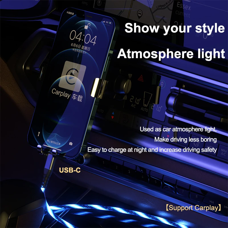 LC5A 100W 5A LED Super Fast Charging Data Cables Quick Charger Glowing Type C to USB C  Cable for Mobile Phone Laptop Tablets