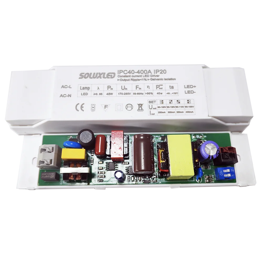 40W LED Driver IP20 with DIP-Push Dimmer AC to DC 60-160V 250ma 300ma 350ma 400ma Power Supply Flicker Free for LED Panel Light