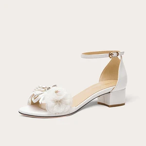 Lily Wei Floral Pearl Decor square Heel Sandals Ankle Strap Low Heel for Women's Wedding Bridal Formal Evening Event