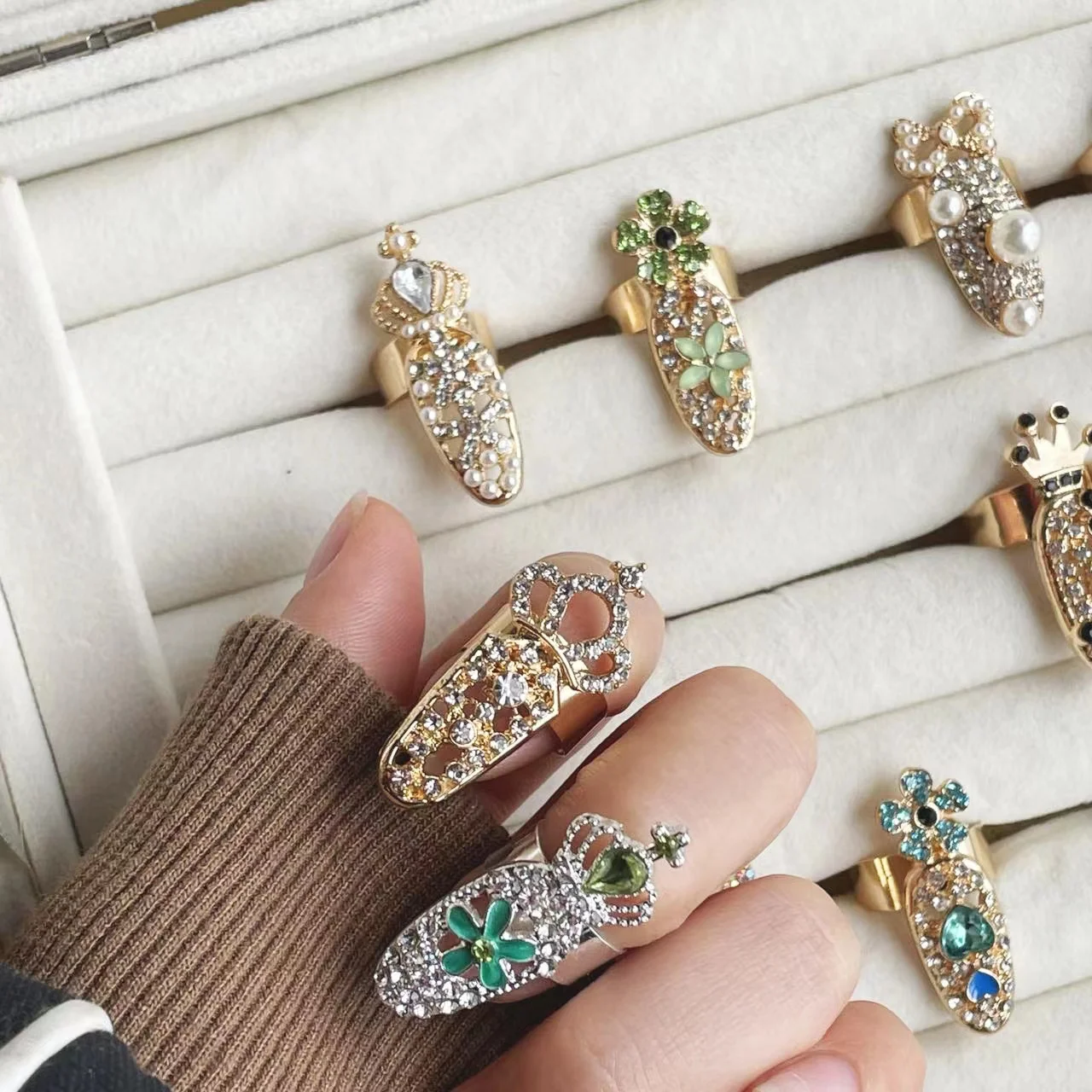 Punk Style Crystal Gold Plated Crown Flower Open Adjustable Luxury Nail Finger Rings Jewelry