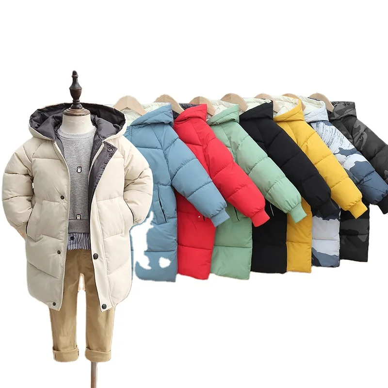 Куртка-пуховик средней длины для мальчиков и девочек, зимняя стеганая куртка унисекс с шапкой, новинка 2024