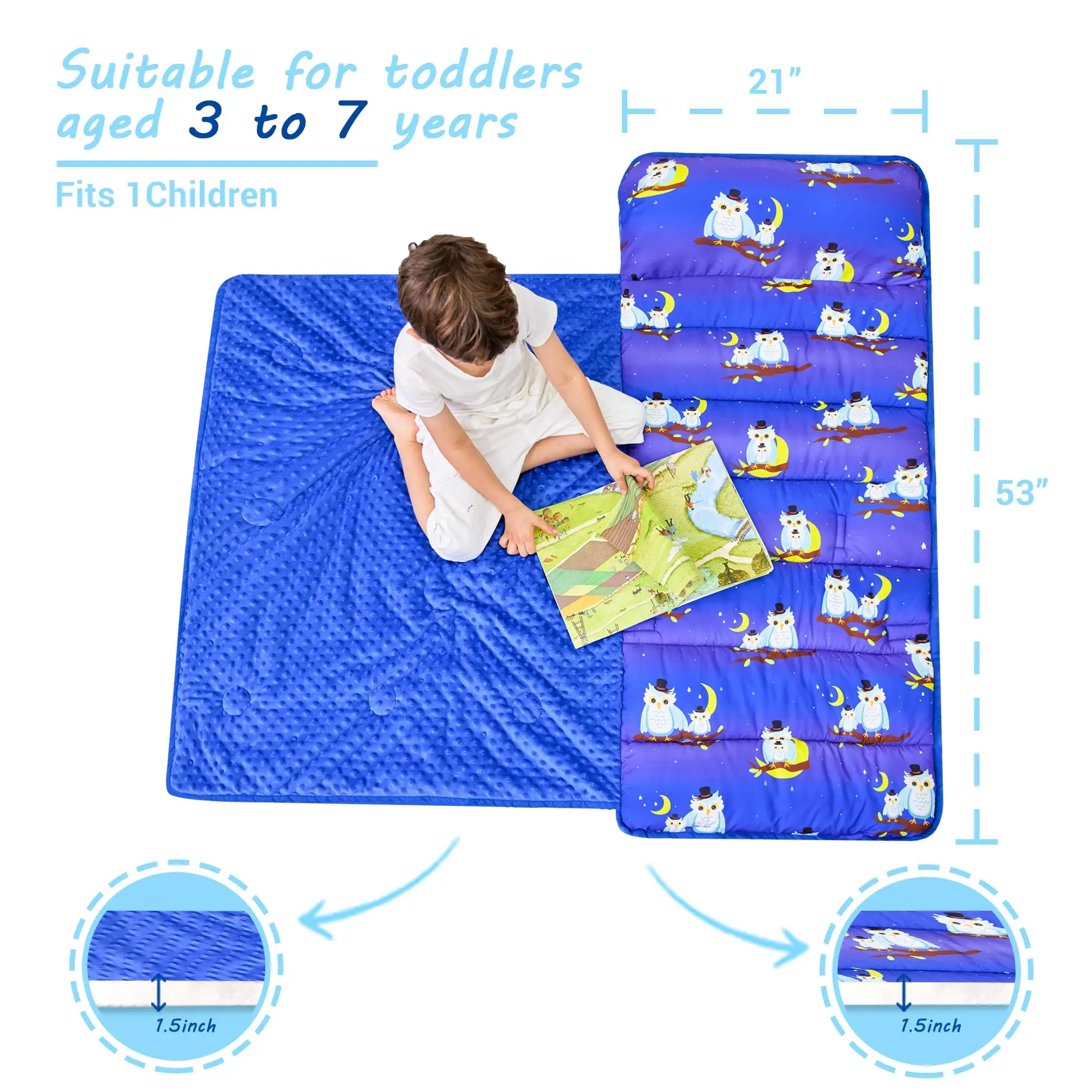 Aoyatex Kid nap mat suitable for preschool travel camping blur owl polyester fleece nap mat with pillow and blanket