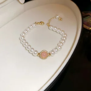 Elegant Pearl Bracelet with Pink Gem Zircon Accents Dainty Handmade Jewelry Women's Daily Wear Parties Adding Sweetness Charm