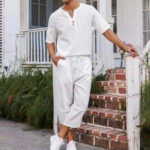 Hawaiian Beach Resort Style Two Piece Beach Men Suits Capri Trousers Short Sleeve Suit for Men Casual Men Suits