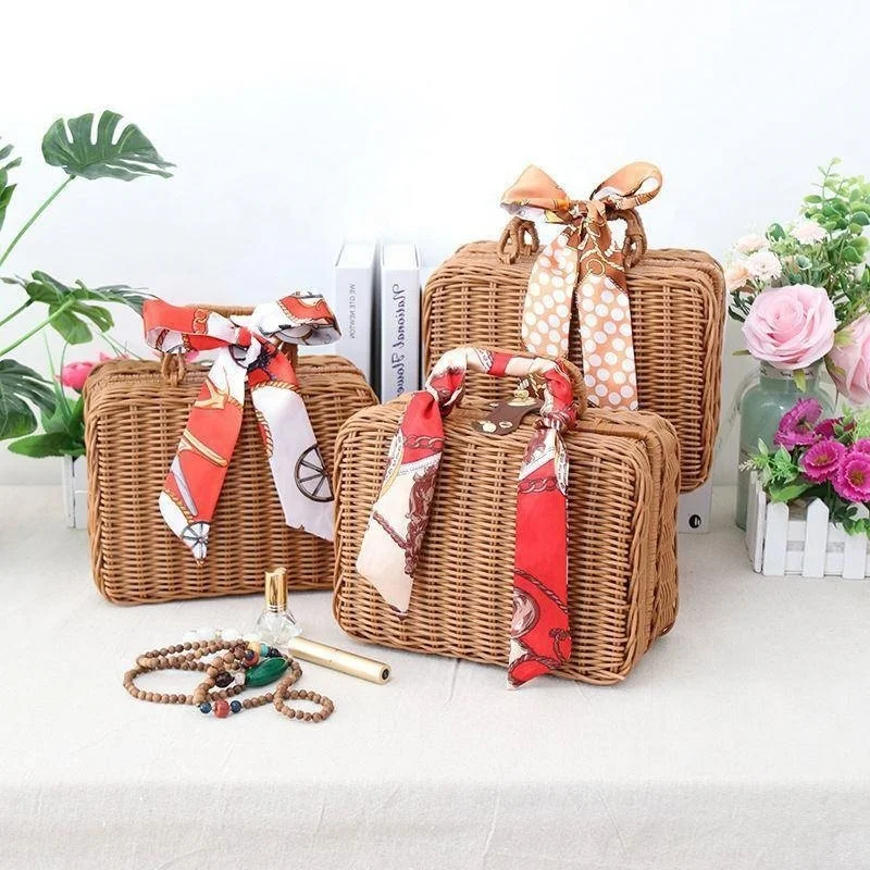 Vintage Weaved Picnic Basket Stackable Soft Rectangular Woven Storage Plastic Rattan Suitcase with Lid