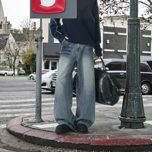 Autumn Men's Casual Denim Button Lightning Cat Whisker Textured Washed Breathable Fleece Jeans-Vintage American Straight Pants