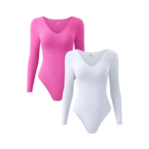 Wholesale Fashion Seamless Long Sleeved V-Neck Women's Sports Bodysuits for Yoga and Parties