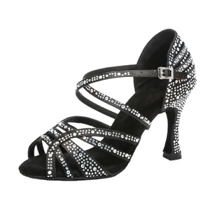 Wholesale Professional Women's Satin Shiny Rhinestone Latin Dance Shoes Soft Suede Lining for Ballroom & Salsa
