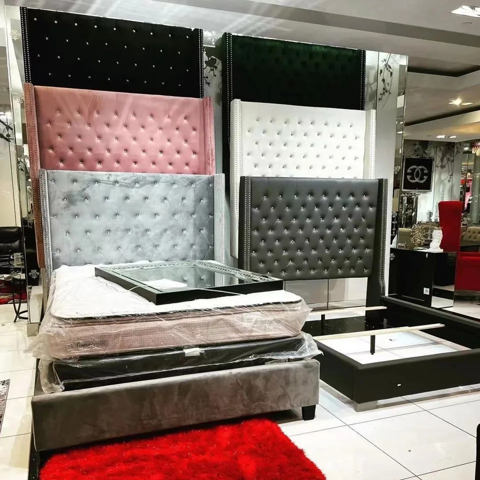 Nordic Design With Crystal Button Tufted High Headboard Bed Adjustable Bed Frame King Size Bedroom Furniture Set