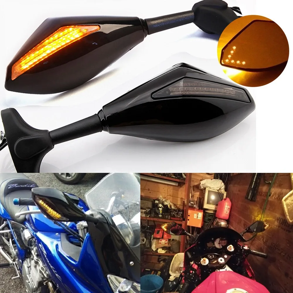 Motorcycle Carbon Fiber LED Integrated Turn Signal Rear View Mirror Side Rearview Mirrors for Yamaha for YZF for R1 for R6 for FZ1 for FZ6 for 600R for R3 Rear Bike