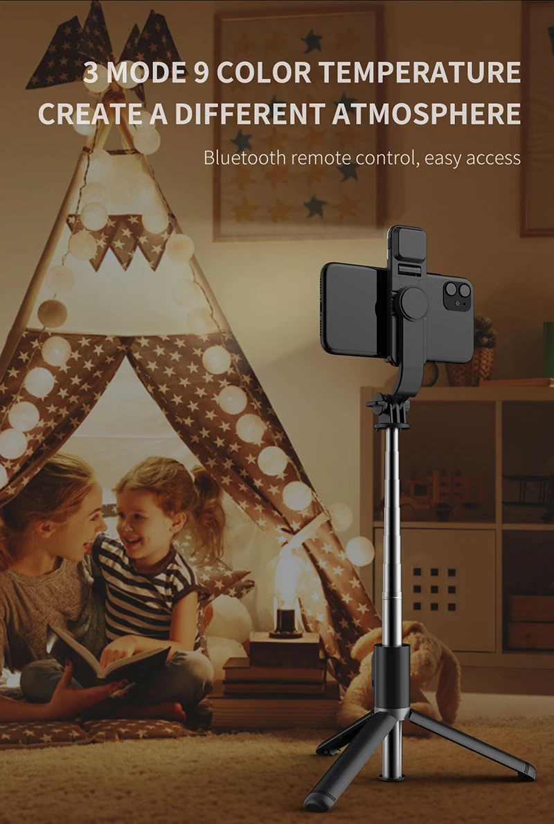 Wireless Blutooth Selfie Stick Foldable Mini Tripod With Fill Light Remote Shutter For iOS Android