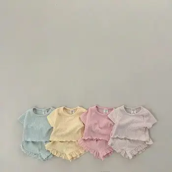 Summer girls' short sleeve solid color thin T-shirt and shorts two-piece children's baby home wear lace suit