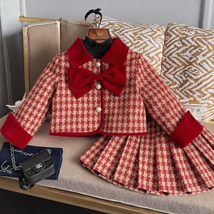 Winter New Korean Edition Girls Red Grid Bow Set Baby Cotton Two Piece Set Toddler Girl Designable Gentle Clothes for Kids