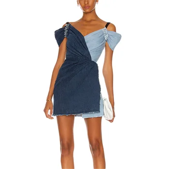 short puff sleeve denim color block mini cotton fashion simple design party casual dress