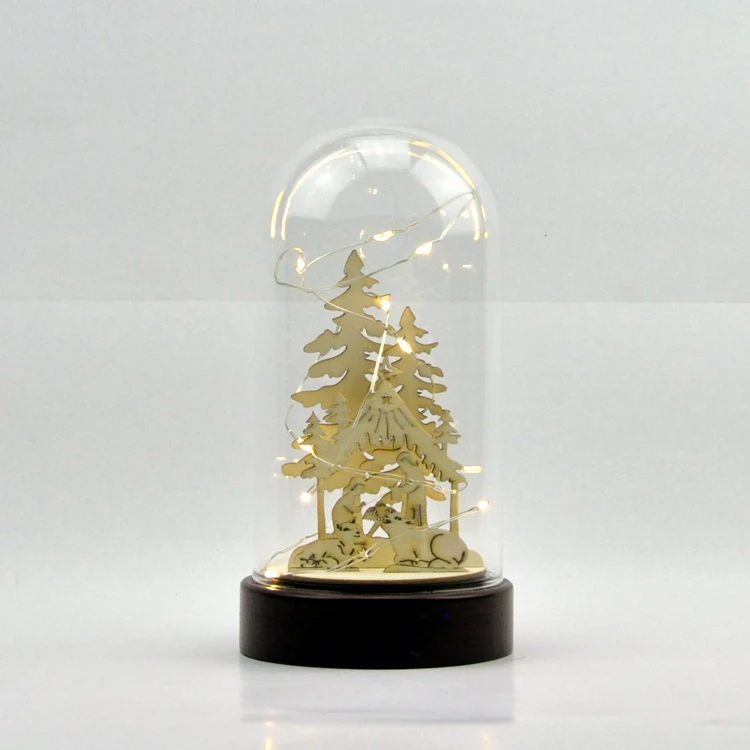 Wholesale custom made wood christmas nativity scene ornaments in clear glass dome with led lights