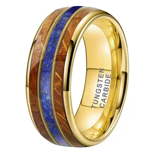 Coolstyle Jewelry 8mm Whisky Wood Guitar String Lapis Inlay Gold Tungsten Ring for Men Women Fashion Engagement Wedding Band