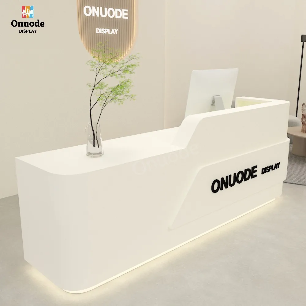 Custom Hotel & Salon Reception Desk | LED Cashier Checkout Counter | Front Counter Showcases for Office & Beauty Store