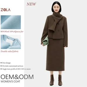 Women's Handmade Woolen Alpaca Fur Coat Fashion-Designed Winter Double-Breasted Short Casual Clothing Button Decoration Scarf