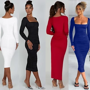 New Arrival Evening Woman Long Sleeve square Collar Ruched Formal Party Wrap Midi Dress