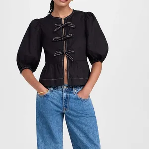 Clothing Manufacturers Custom Spring Summer Autumn Lace-up Round Neck Puff Short Sleeve With Knot Detail Top