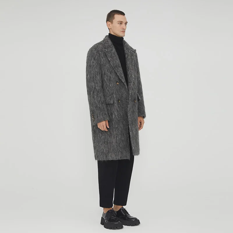 Men's Trendy Mid-length Woolen Coat Winter Thickened Casual Loose Overcoat Double Breasted Closure Warm - Image 5