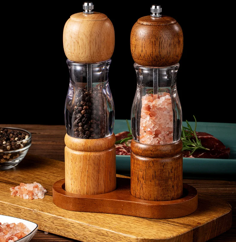 Wooden Salt and Pepper Grinder Set with Shelf Manual Mills Acrylic