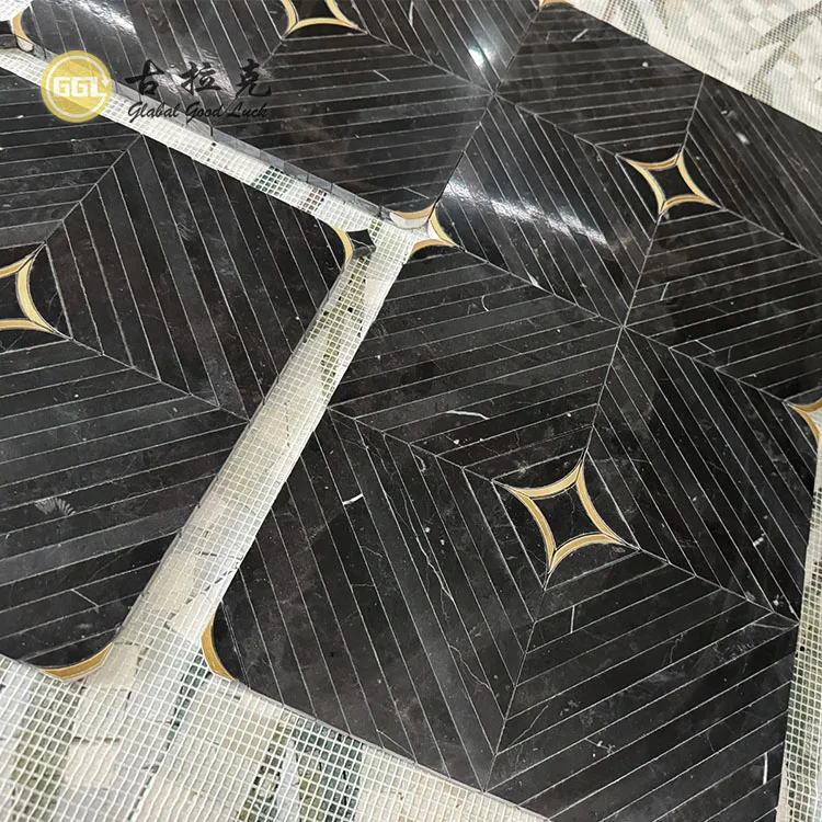 Nero Black Marble mix Brass Waterjet Mosaic Floor and Wall Tile factory