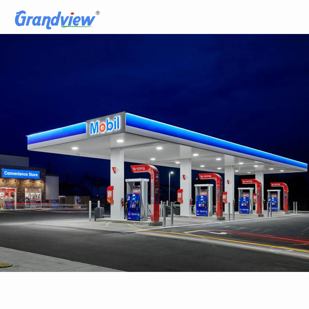 Steel Space Frame Petrol Station Sign Light Cost of Gas Station Canopy with Bending Cutting Welding Services